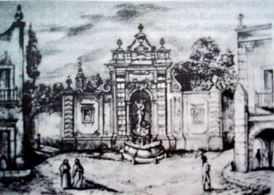 Dibujo de la Fuente Neptuno cuando pertenecía al muro del Convento de los Dieguinos.